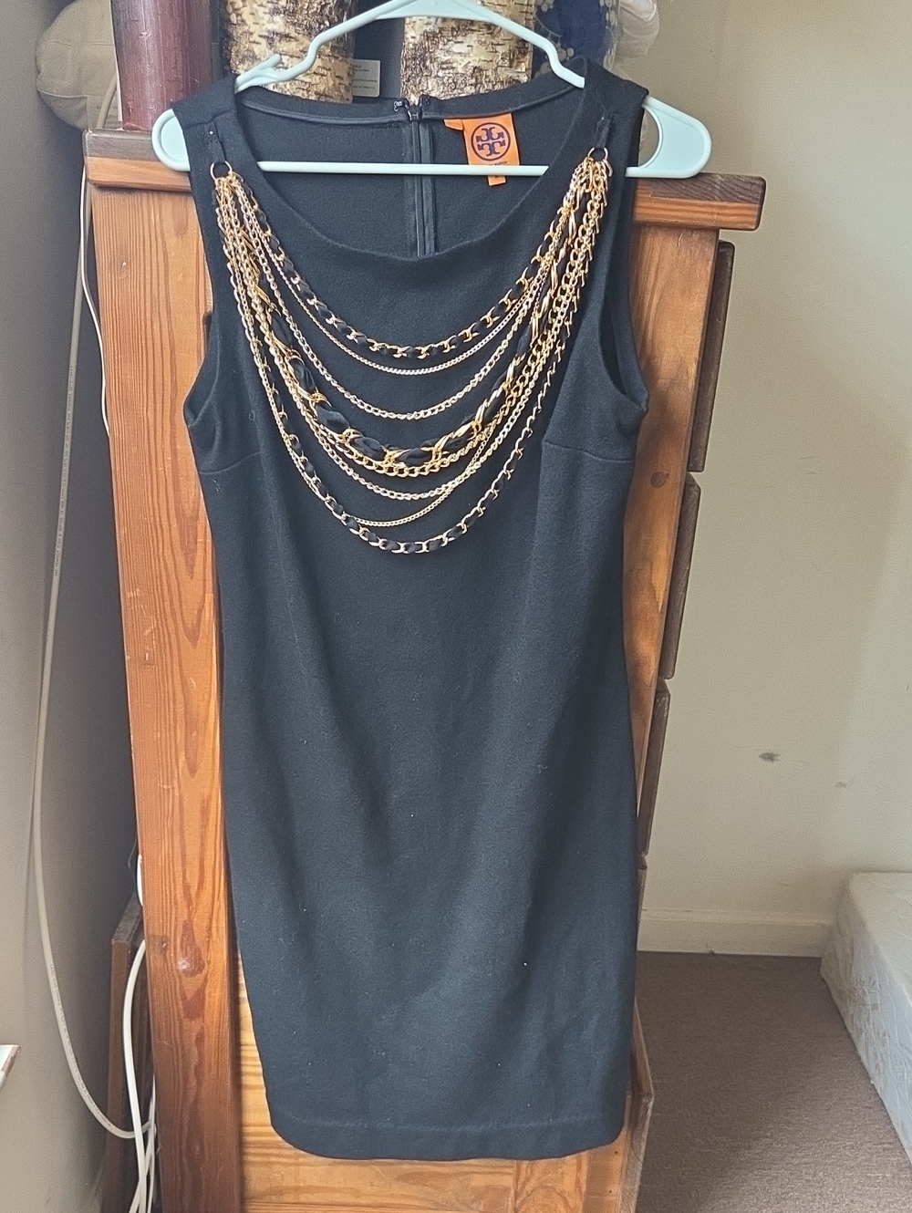 Tory Burch Black Mini Dress with Gold Chain Neckline